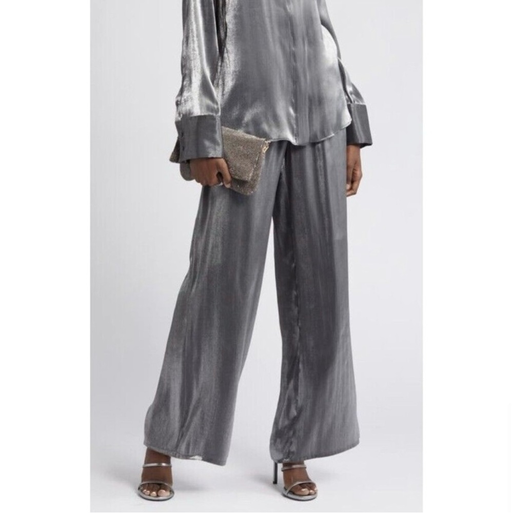 Nordstrom Elegant High Waist Metallic Gray Women's Satin Pants